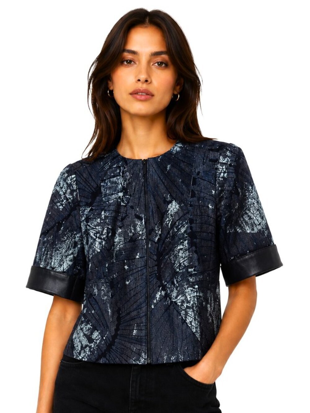 Lafayette 148 Navy Blue Denim Splatter Print Double Zip Jacket
